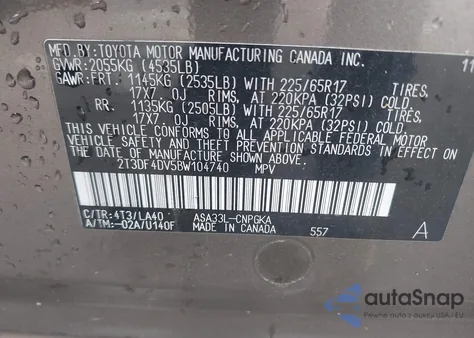 2011 Toyota Rav4 Limited из США, поврежденный, VIN 2T3DF4DV5BW104740